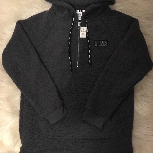 VS PINK Dark Gray Sherpa Hoodie - Picture 1 of 8